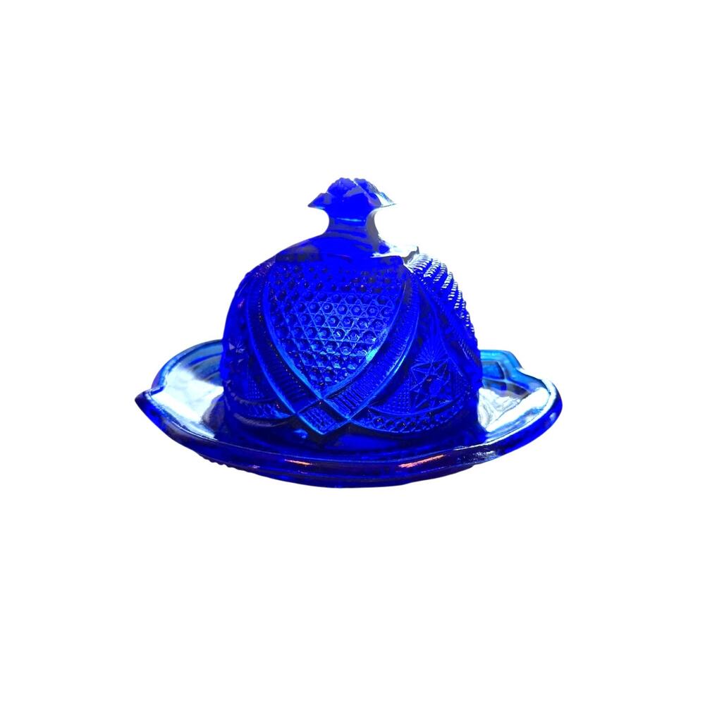 Vintage Cobalt Blue Massachusetts Butter Cheese Dish Domed Lid 8.25"X6"